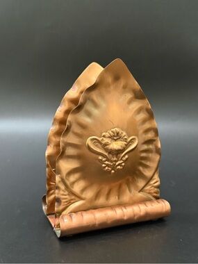 Vintage GREGORIAN Solid Copper Floral Ornate Leaf Shape Napkin or Letter Holder